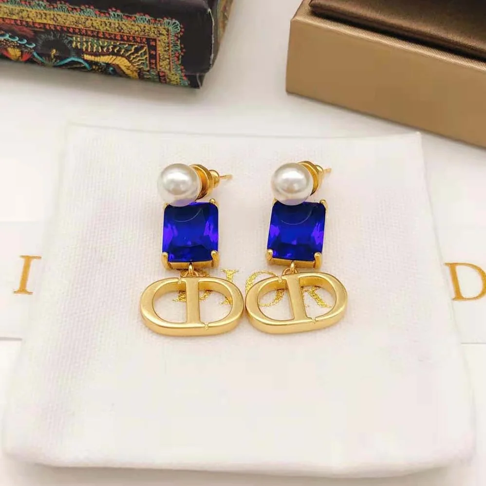 Dior Petit CD Earrings Gold-Finish Metal with White Resin Pearls and Fluorescent Blue Crystals for Women