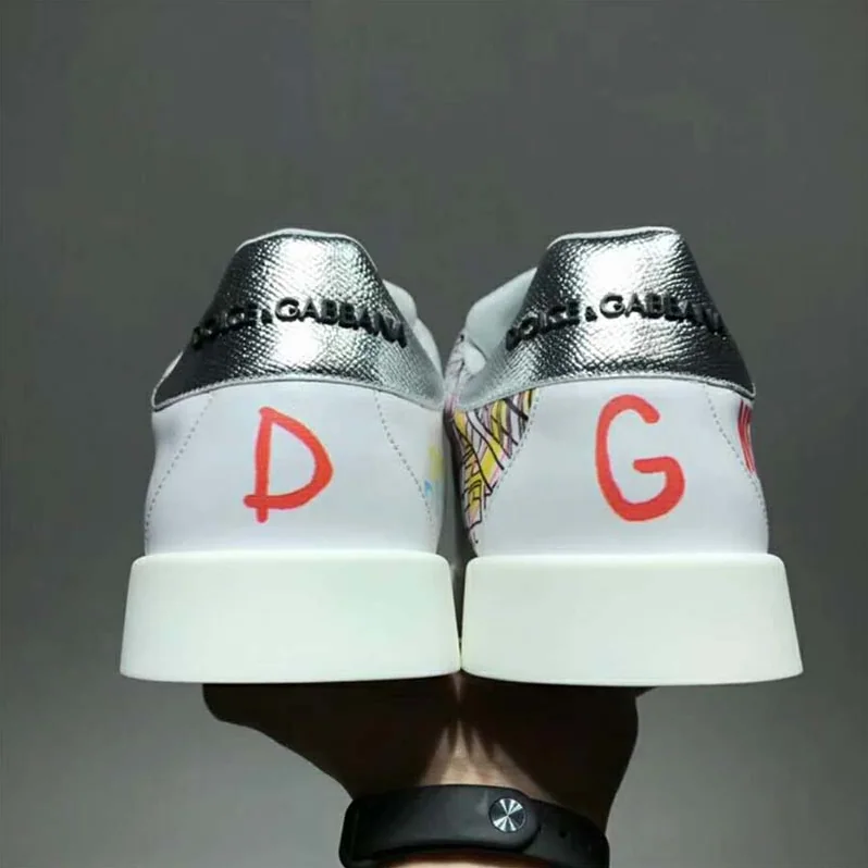 Dolce Gabbana D&G Shoes Portofino Sneakers in Printed Nappa Calfskin for Men in White