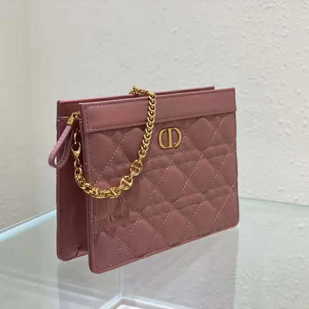 Dior Caro Zipped Pouch with Chain Cedar Green Supple Cannage Calfskin for Women in Pink Dior Caro Zipped Pouch with Chain Cedar Green Supple Cannage Calfskin for Women in Pink