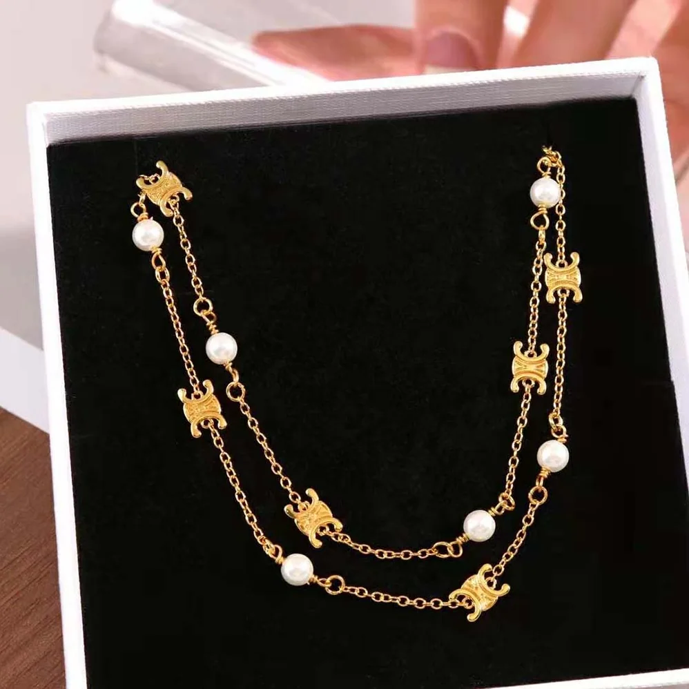 Celine Triomphe Pearl Double Necklace in Brass with Gold Finish and Resin Pearls for Women