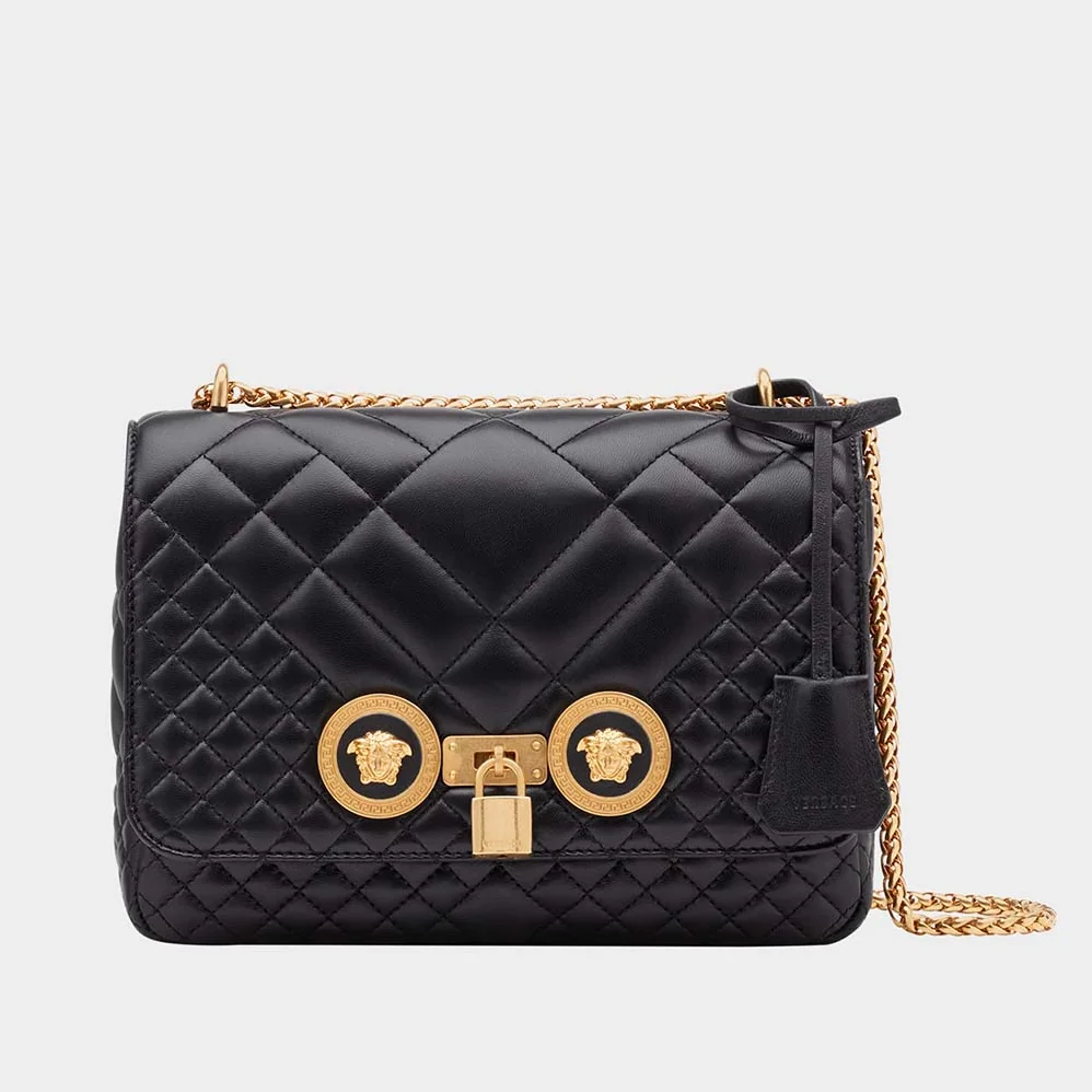 Versace Quilted Icon Shoulder Bag in Nappa Leather for Women in Black Versace Quilted Icon Shoulder Bag in Nappa Leather for Women in Black