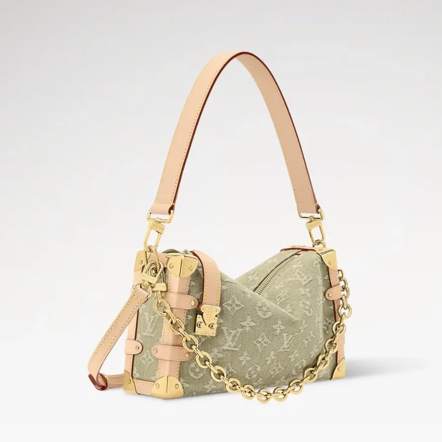 Louis Vuitton Side Trunk MM East West Shoulder Bag in Khaki Denim Gold Hardware