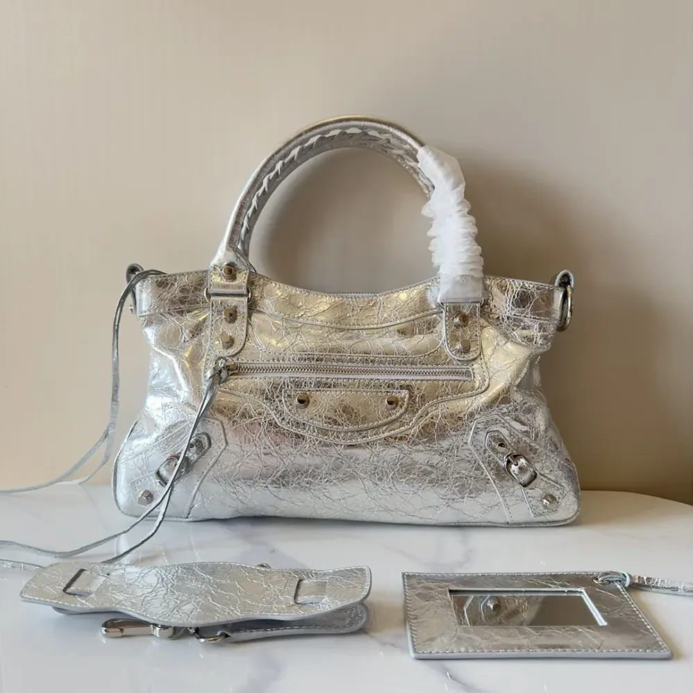 Balenciaga Le City First Bag In Silver Metallized Arena Lambskin for Women Balenciaga Le City First Bag In Silver Metallized Arena Lambskin for Women