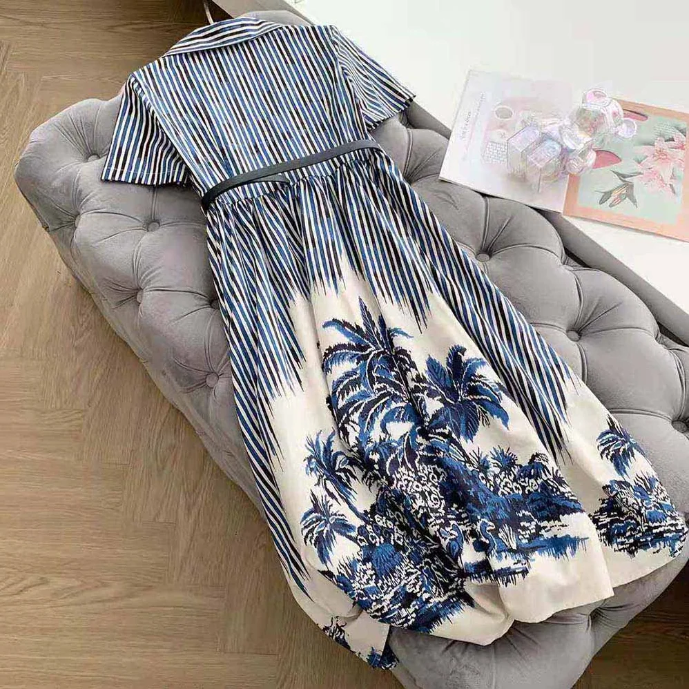 Dior Long Dress Blue and White Silk Canvas with Dior Palms Motif for Women Dior Long Dress Blue and White Silk Canvas with Dior Palms Motif for Women