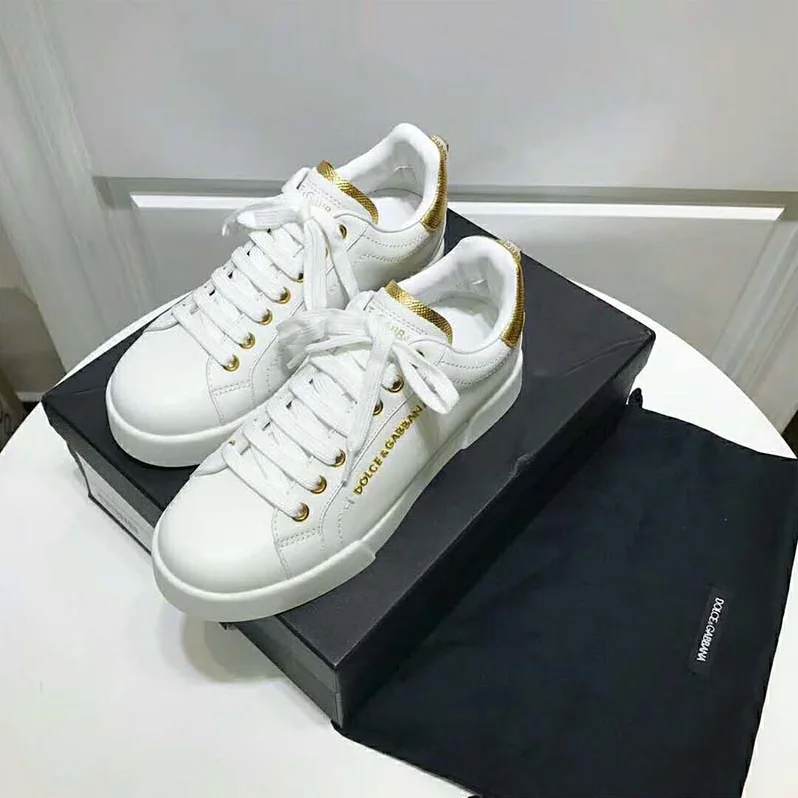 Dolce Gabbana D&G Shoes Leather Sneakers with Logo Bead for Women in White