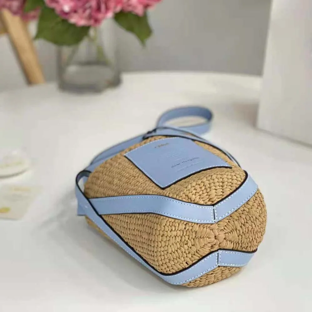 Chloe Small Basket in Fair-Trade Paper and Shiny Calfskin for Women in Blue Chloe Small Basket in Fair-Trade Paper and Shiny Calfskin for Women in Blue