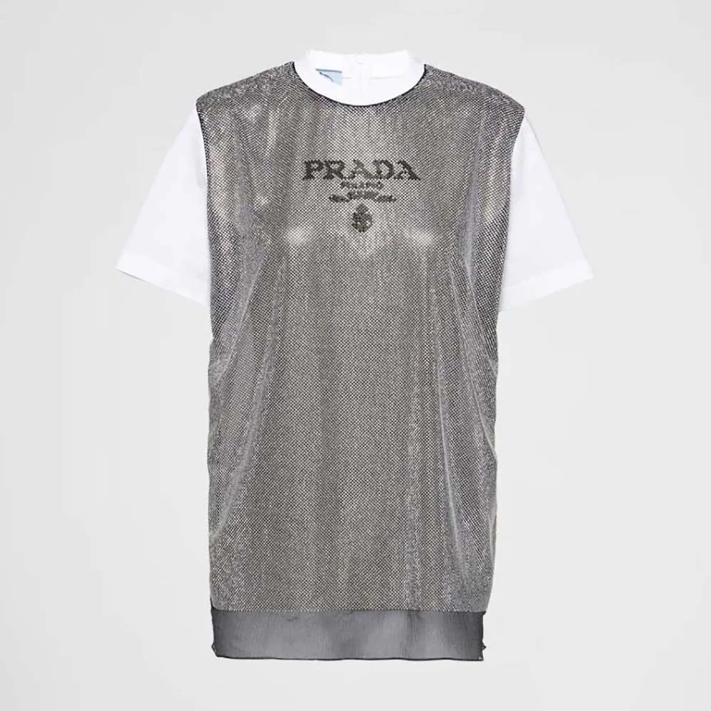 Prada Studded Chiffon and Jersey T-shirt for Women in White Prada Studded Chiffon and Jersey T-shirt for Women in White