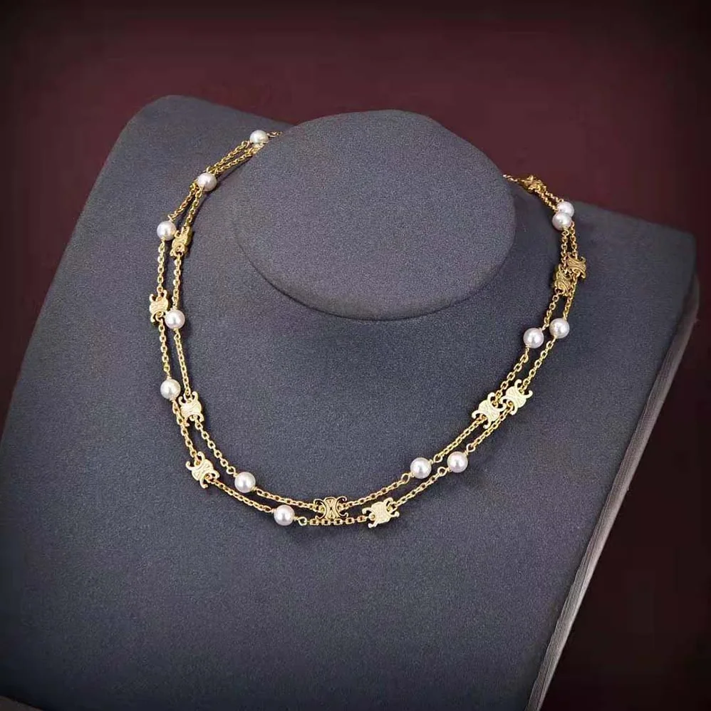 Celine Triomphe Pearl Double Necklace in Brass with Gold Finish and Resin Pearls for Women