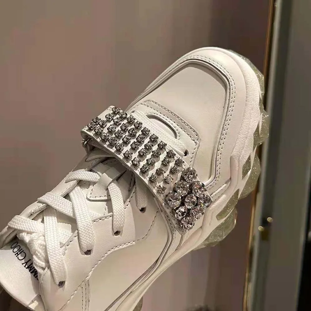 Jimmy Choo Diamond X Strap/F White Calf Leather Low Top Trainers with Crystal Strap for Women
