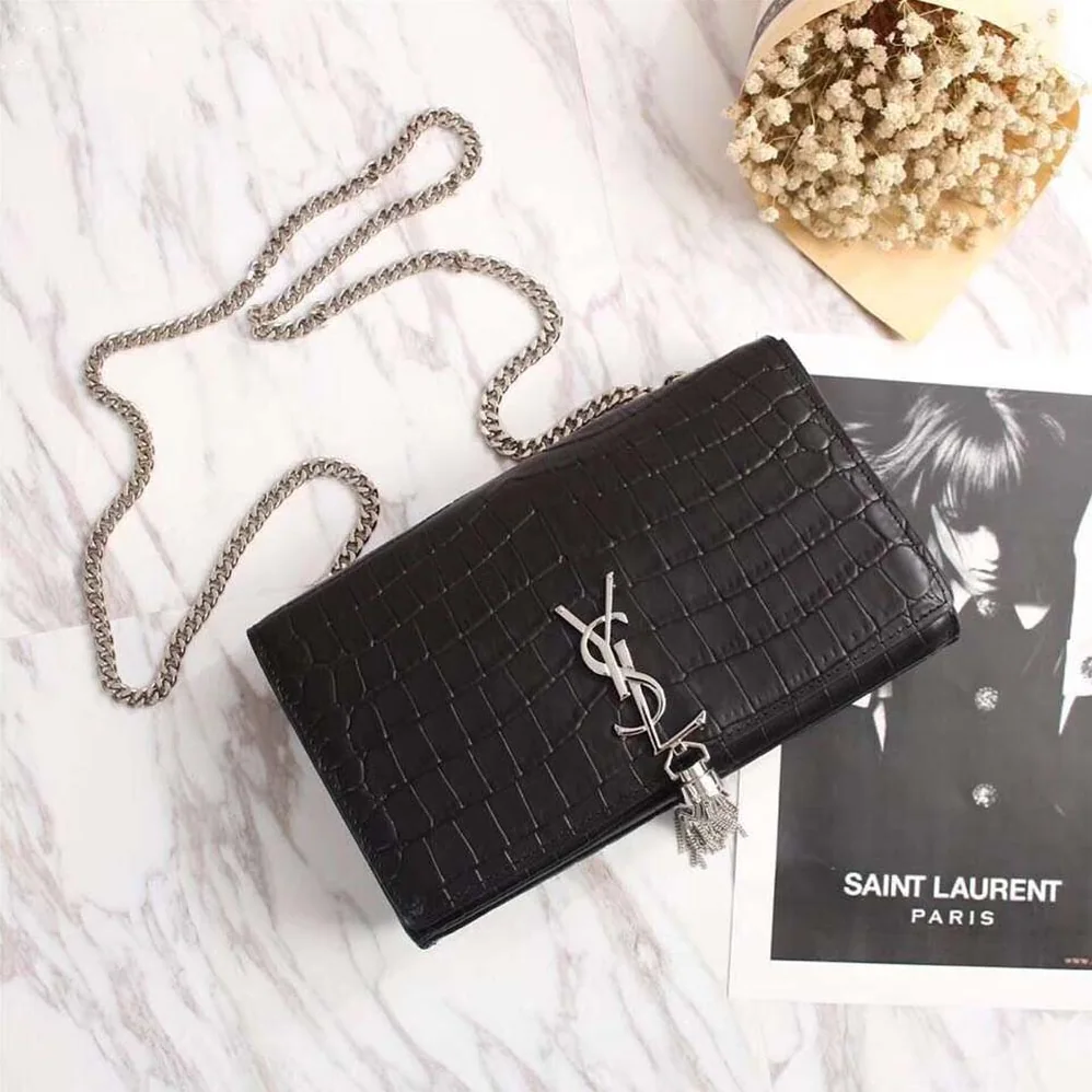 Saint Laurent YSL Kate Small Tassel Embossed Crocodile Shiny Calfskin for Women in Black