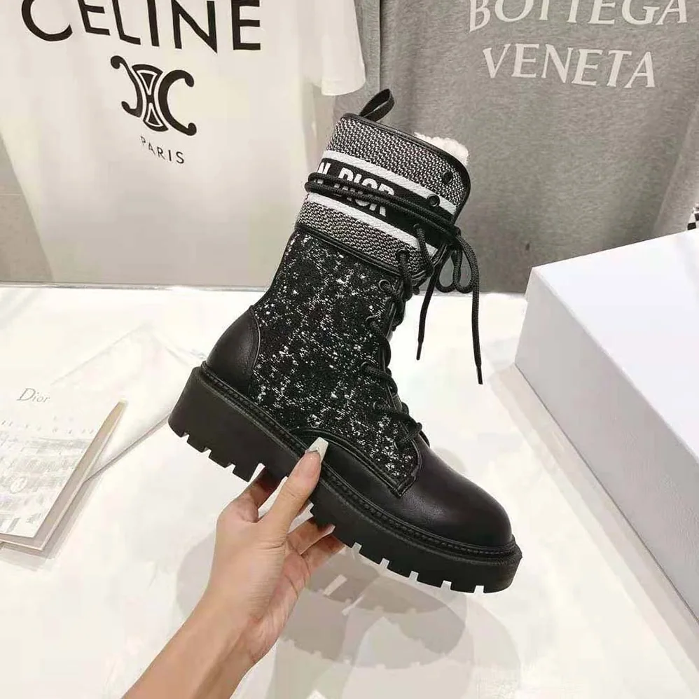 Dior D-Major Ankle Boot Black Calfskin with Black and White Cannage Tweed for Women Dior D-Major Ankle Boot Black Calfskin with Black and White Cannage Tweed for Women
