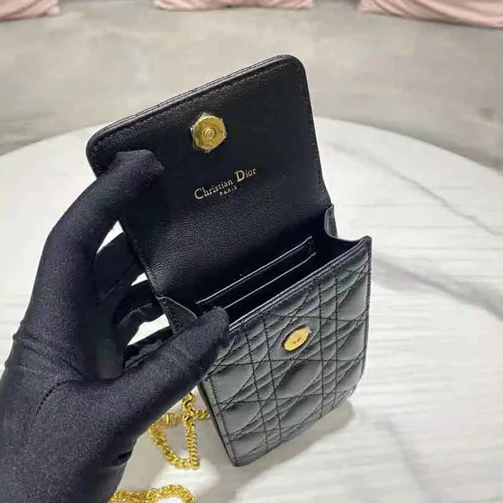 Dior Caro Phone Holder with Chain Black Supple Cannage Calfskin for Women