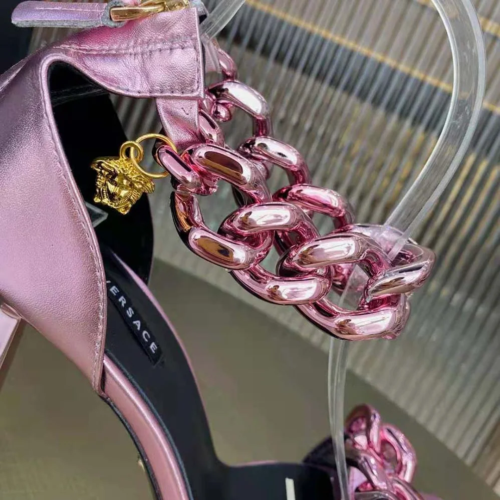 Versace Medusa Chain Suede Sandals in 11cm Heel for Women in Pink Versace Medusa Chain Suede Sandals in 11cm Heel for Women in Pink