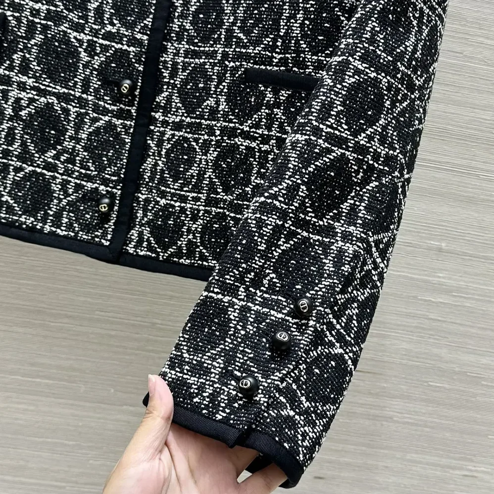 Dior Macrocannage Cropped Jacket Black and White Technical Cotton Tweed for Women