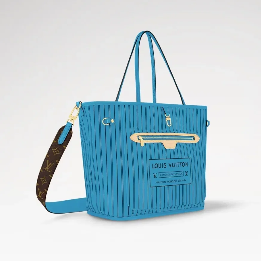 Louis Vuitton Neverfull Bandouliere Inside Out MM Tote Bag in Gaston Blue Gold Hardware