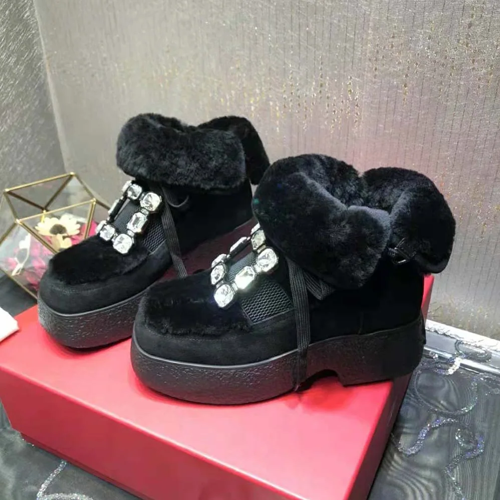 Roger Vivier Viv' Rangers Strass Buckle Flatform Booties in Suede for Women in Black Roger Vivier Viv' Rangers Strass Buckle Flatform Booties in Suede for Women in Black