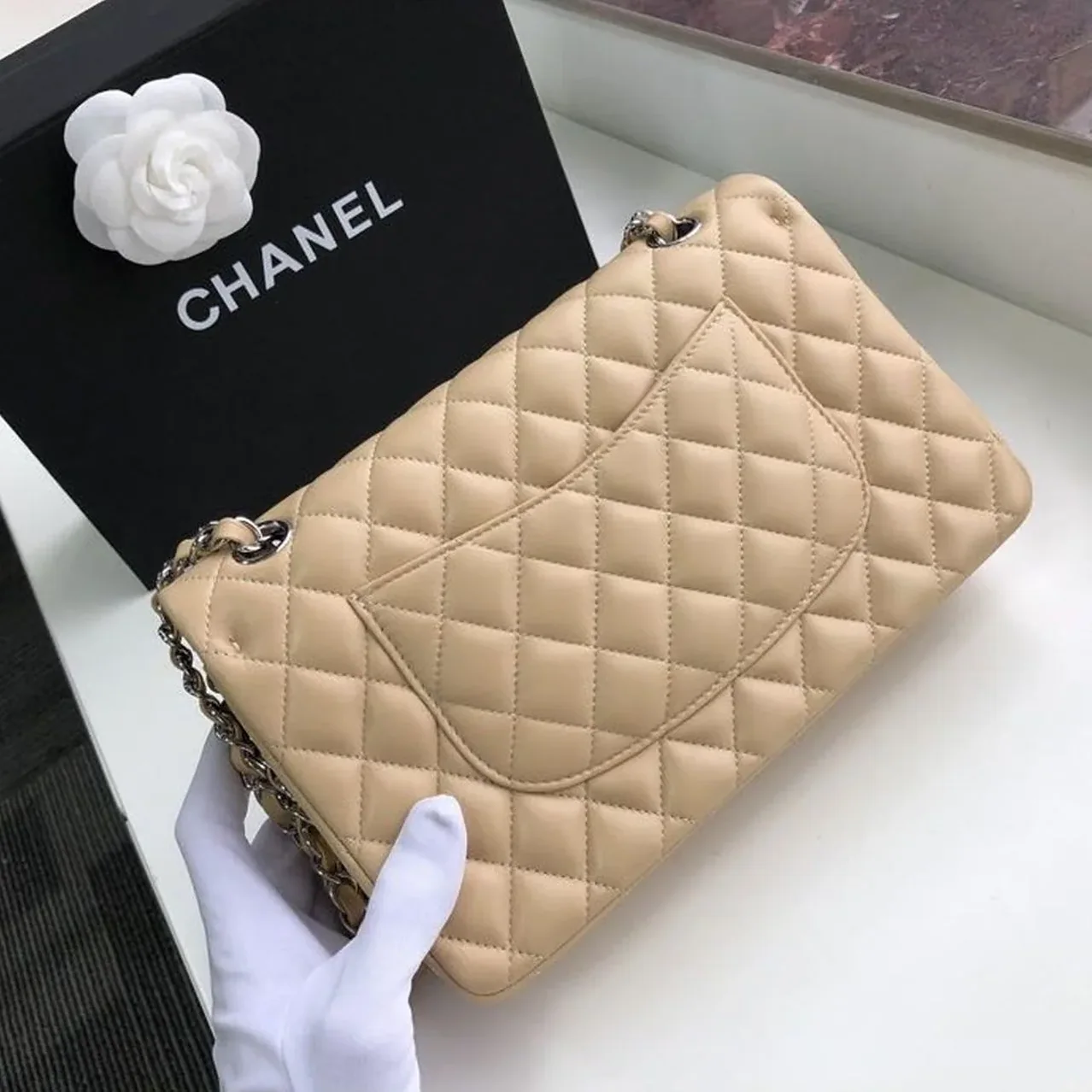 Chanel Classic Double Flap Bag Medium Crossbody in Beige Silver Hardware