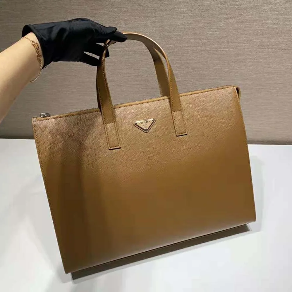 Prada Saffiano Leather Tote with a Crosshatch Pattern and Wax Finish for Men in Brown