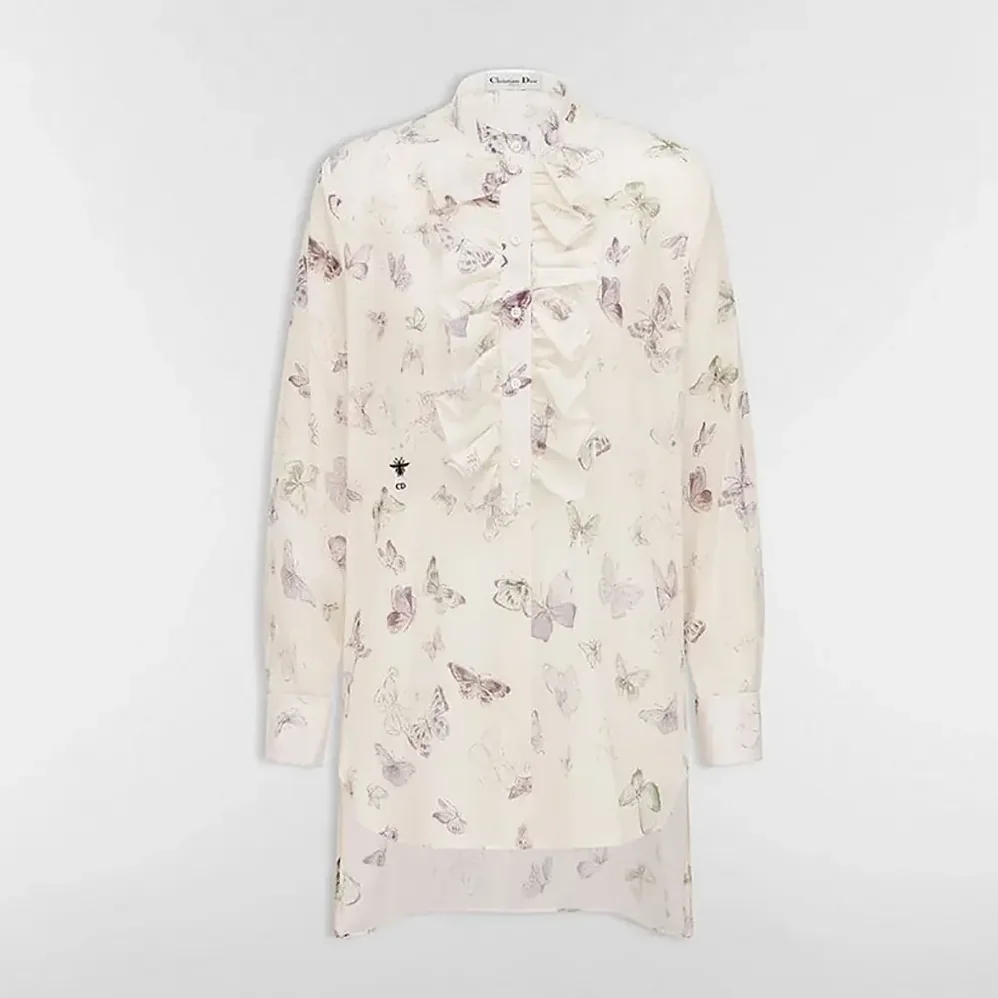 Dior Blouse with Ruffled Neckline Beige Cotton Muslin with Multicolor Butterfly Motif for Women Dior Blouse with Ruffled Neckline Beige Cotton Muslin with Multicolor Butterfly Motif for Women