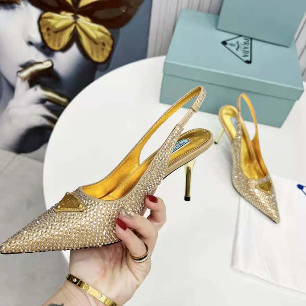 Prada Satin Slingbacks with Crystals for Women in Gold