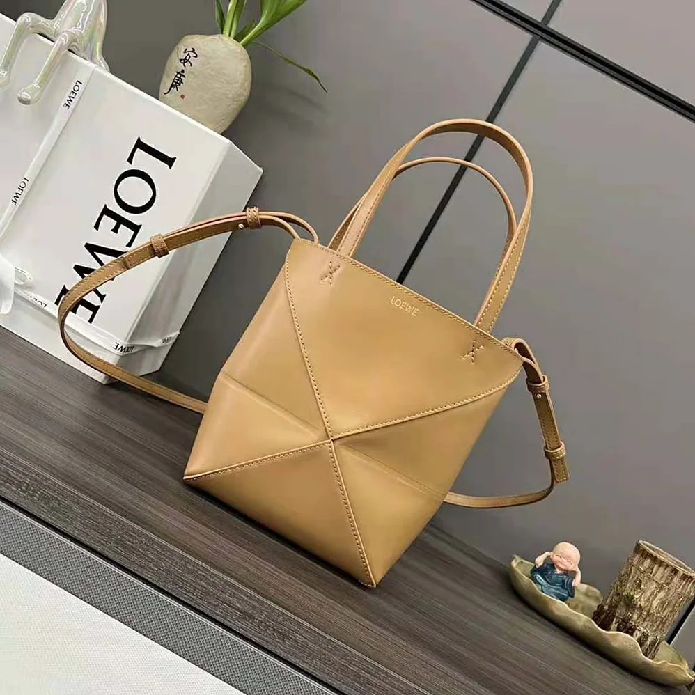 Loewe Mini Puzzle Fold Tote in Shiny Calfskin for Unisex in Brown Loewe Mini Puzzle Fold Tote in Shiny Calfskin for Unisex in Brown