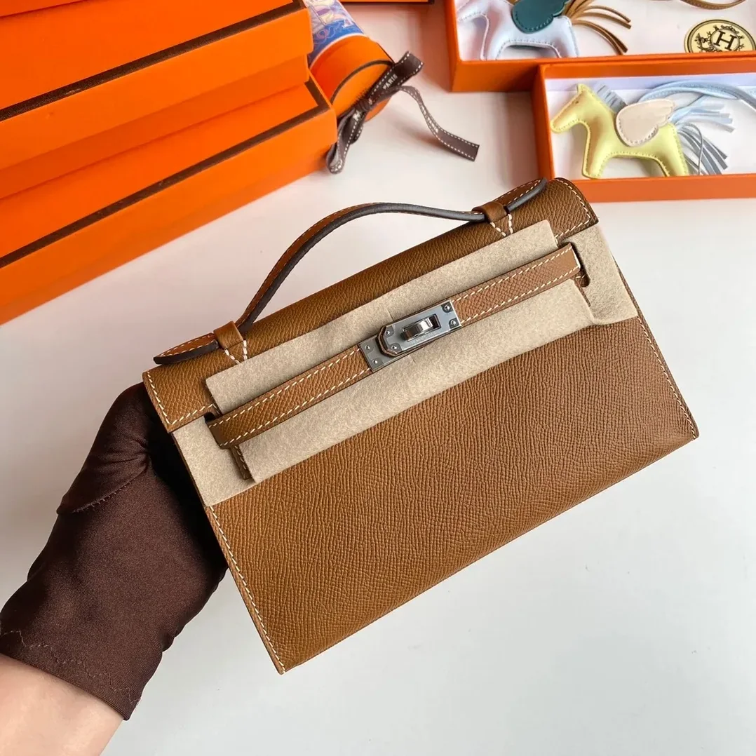 Hermes Kelly Pochette Top Handle Bag in Brown Epsom Palladium Hardware