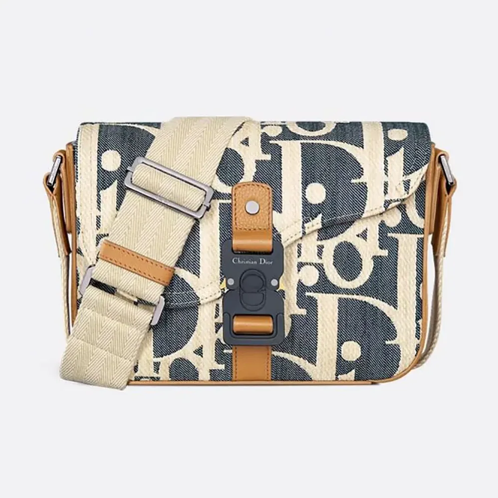 Dior Saddle Messenger Bag Blue and Beige Raffia for Men in Effect Dior Oblique Denim