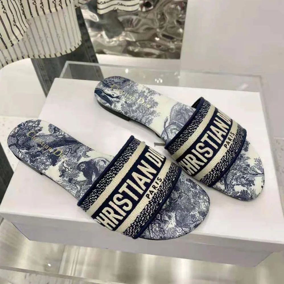 Dior Dway Slide Blue Cotton Embroidery for Women