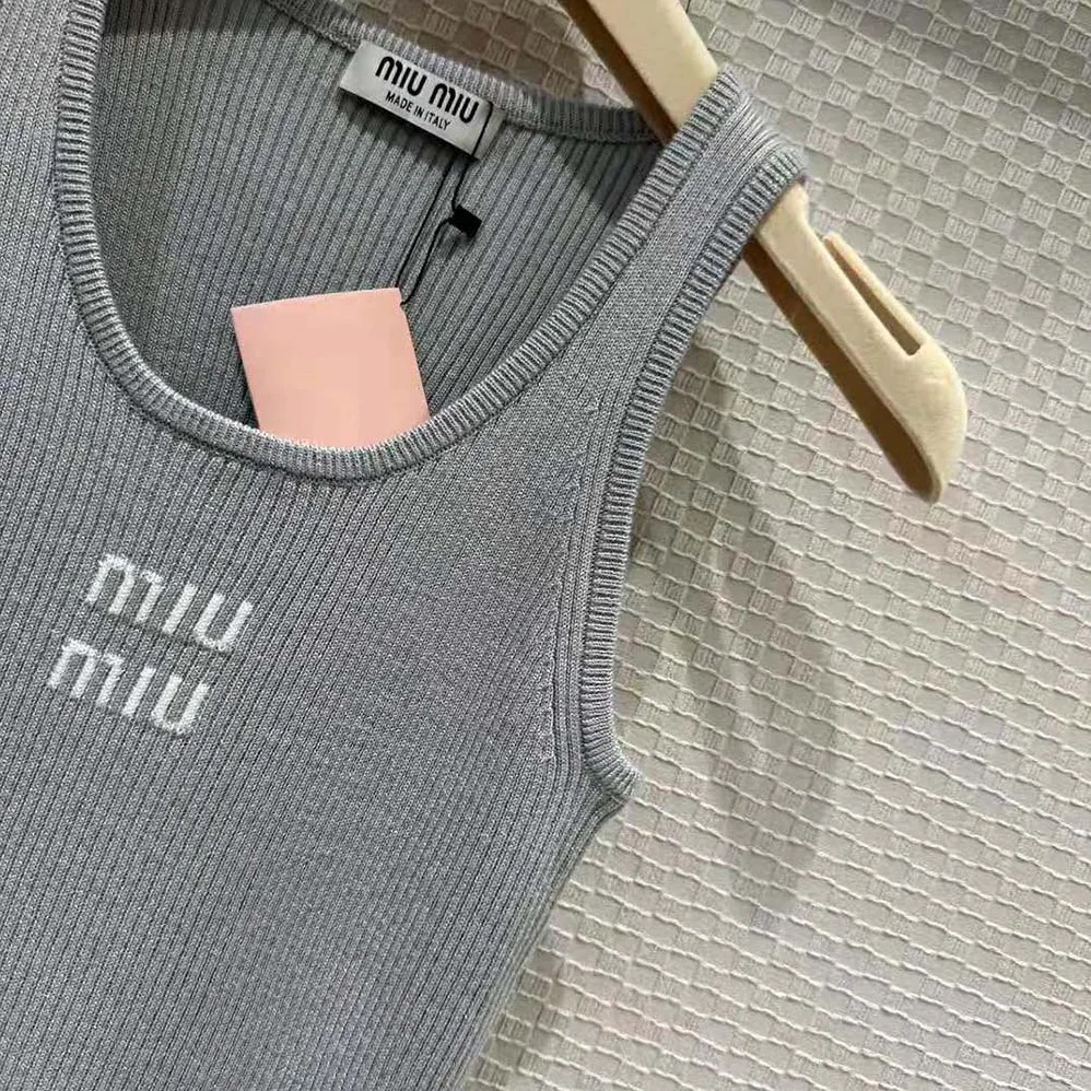 Miu Miu Cotton Knit Tank Top for Women in Silver