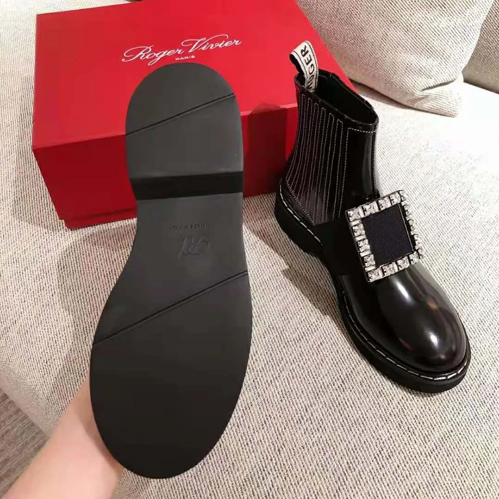 Roger Vivier Viv' Rangers Stitch Strass Buckle Booties in Leather for Women Roger Vivier Viv' Rangers Stitch Strass Buckle Booties in Leather for Women