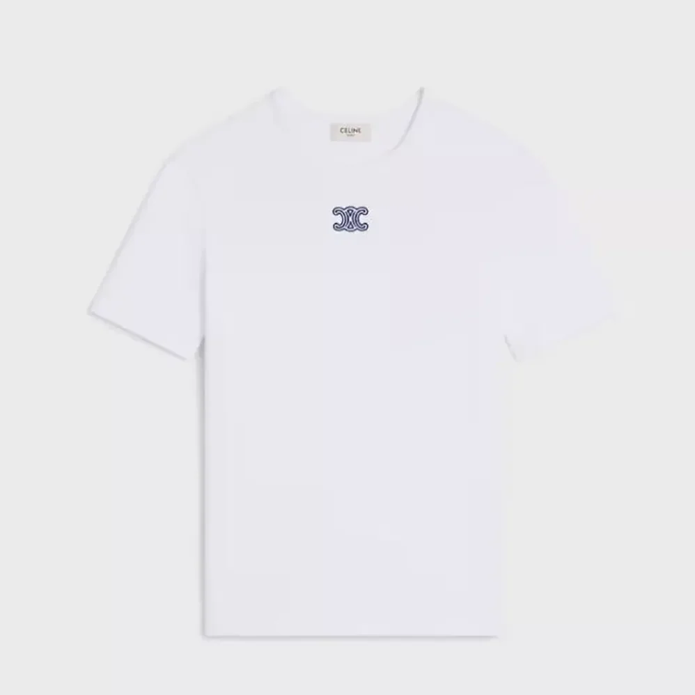 Celine Triomphe T-Shirt In Ribbed Cotton Jersey for Women in White Celine Triomphe T-Shirt In Ribbed Cotton Jersey for Women in White