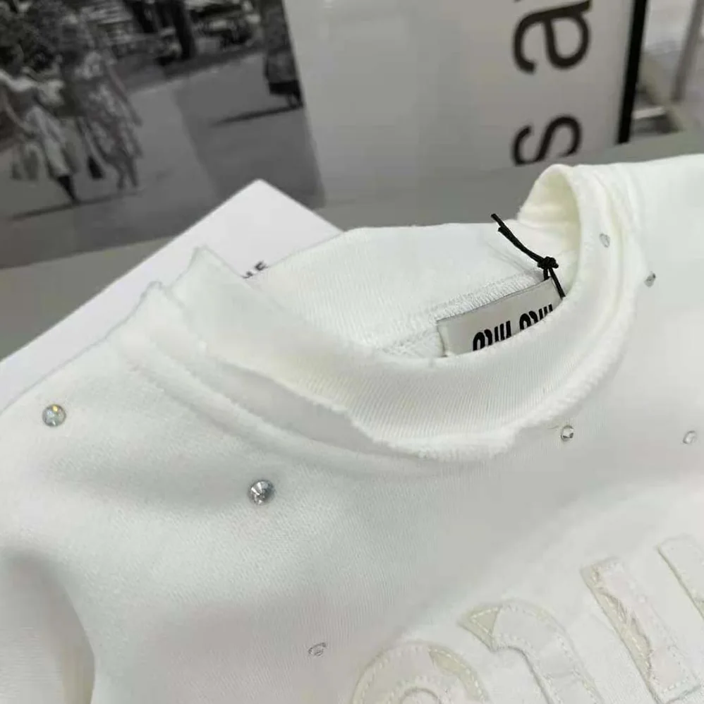 Miu Miu Cotton Embroidered Sweatshirt with Crystals for Women in White