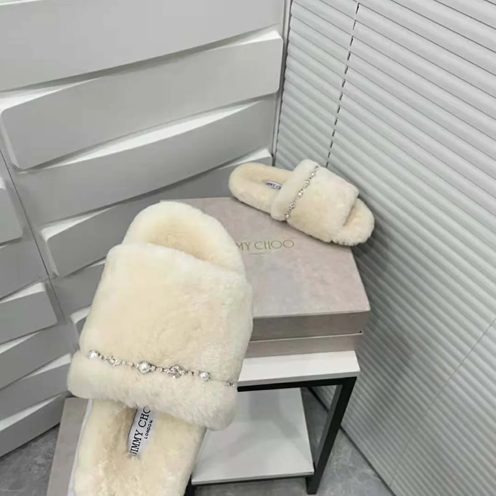 Jimmy Choo Acinda Slipper Natural Shearling Slippers with Crystal and Pearl Detailing for Women