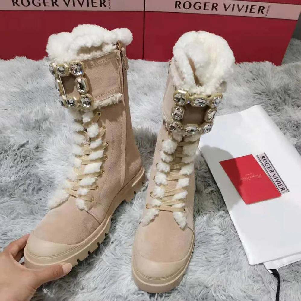 Roger Vivier Walky Viv' Lace Up Shearling Strass Buckle Booties in Suede for Women Roger Vivier Walky Viv' Lace Up Shearling Strass Buckle Booties in Suede for Women