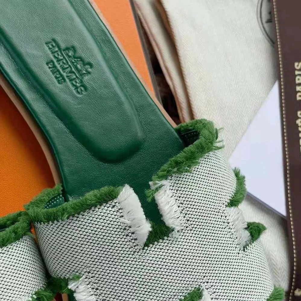 Hermes Oran Sandal in Fringed H Canvas for Women in Green