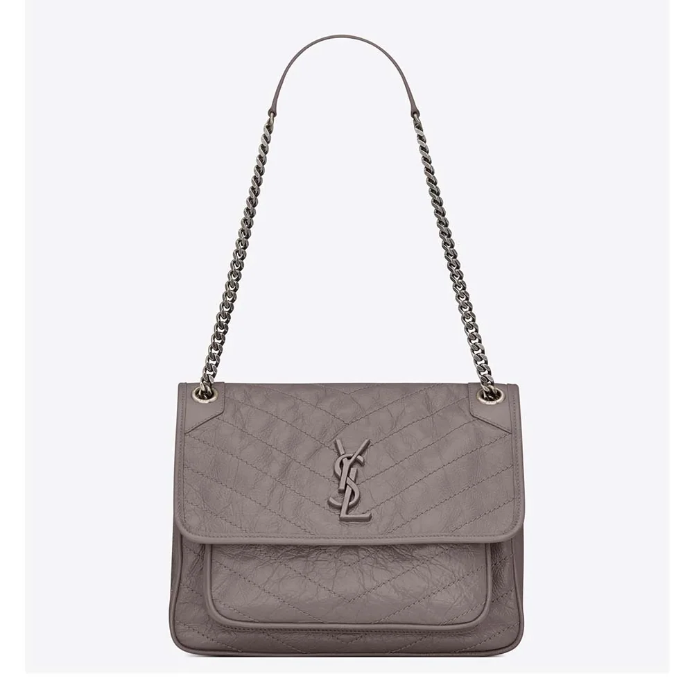 Saint Laurent YSL Medium Niki Chain Crinkled Quilted Fog for Women Saint Laurent YSL Medium Niki Chain Crinkled Quilted Fog for Women