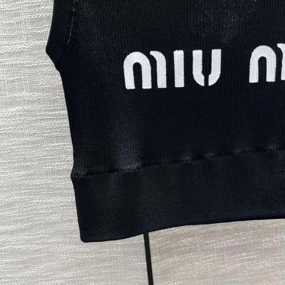 Miu Miu Viscose Top with Intarsia Logo for Women in Black