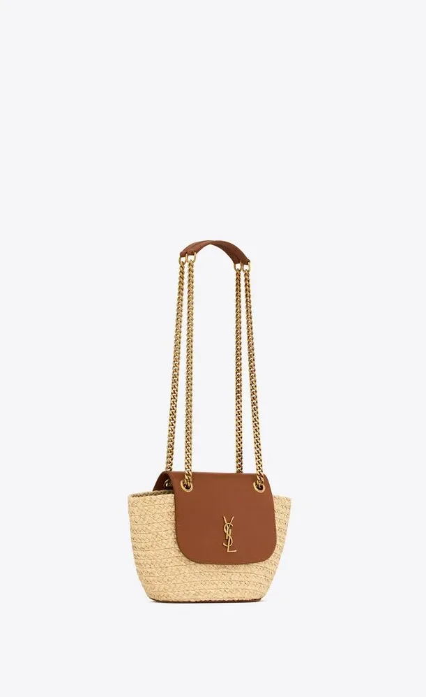 Saint Laurent Mini Manon In Raffia And Aged Vegetable-Tanned Beige 9.1 Inches/