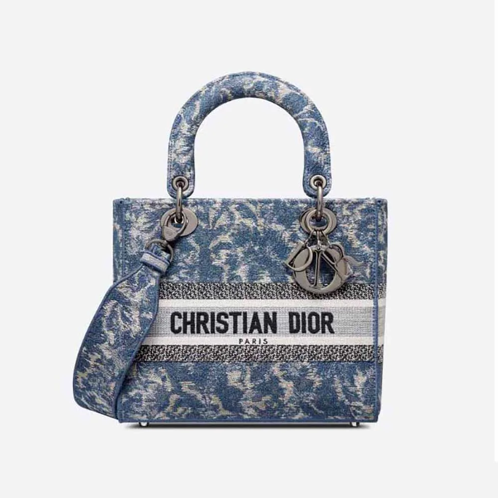 Dior Medium Lady D-Lite Bag Blue Dior Brocart Denim for Women in Effect Embroidery