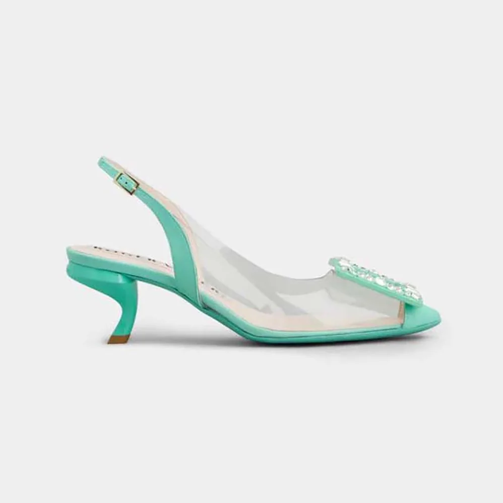 Roger Vivier Virgule Strass Buckle Slingback Pumps in PVC for Women in Lime Roger Vivier Virgule Strass Buckle Slingback Pumps in PVC for Women in Lime