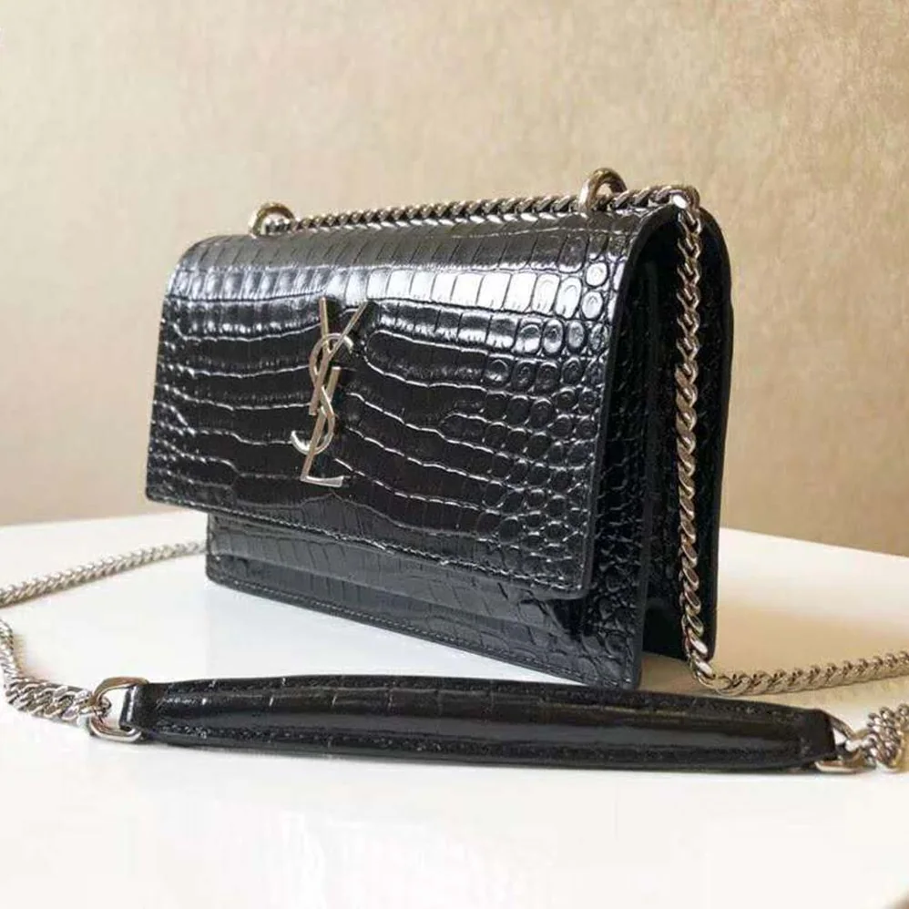 Saint Laurent YSL Sunset Small Supple Crocodile Embossed for Women in Black Saint Laurent YSL Sunset Small Supple Crocodile Embossed for Women in Black