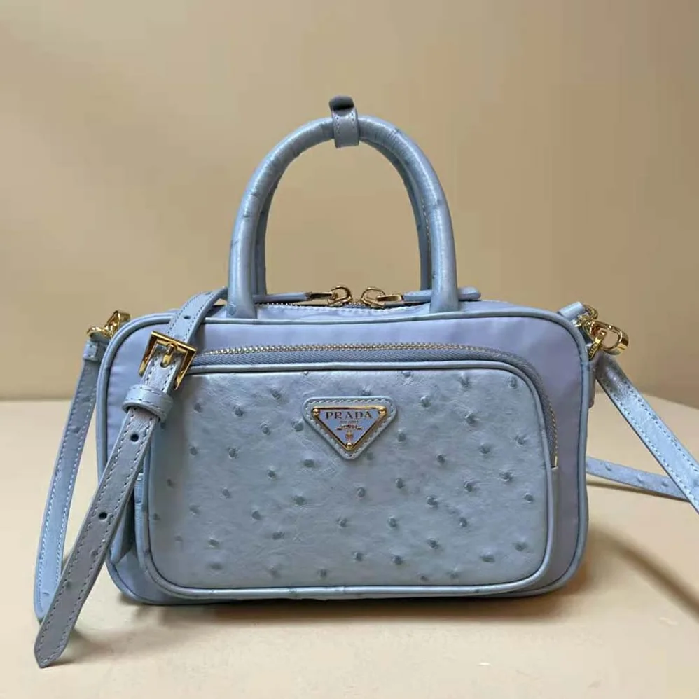 Prada Re-Nylon and Ostrich Leather Two-handle Bag for Women in Blue