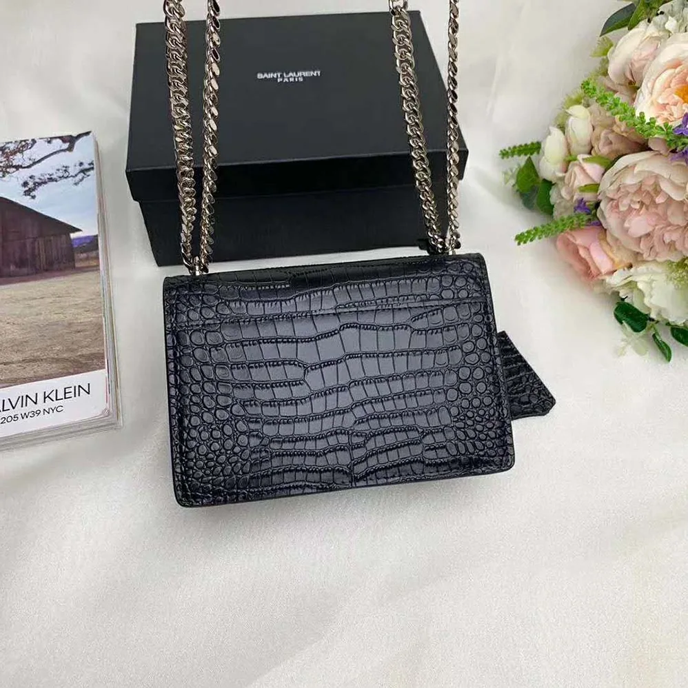 Saint Laurent YSL Sunset Medium Crocodile Embossed Shiny for Women in Black