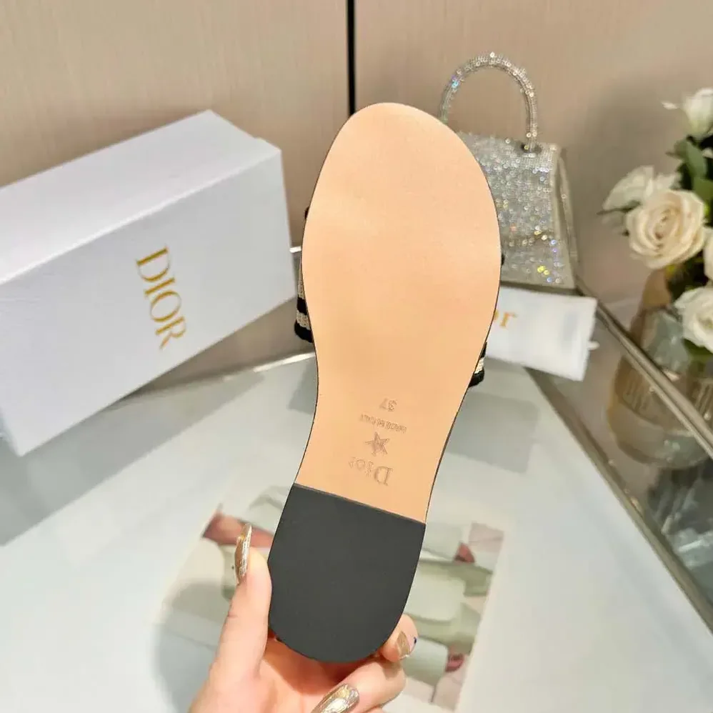 Dior Dway Slide Natural Raffia and Black Embroidered Cotton for Women