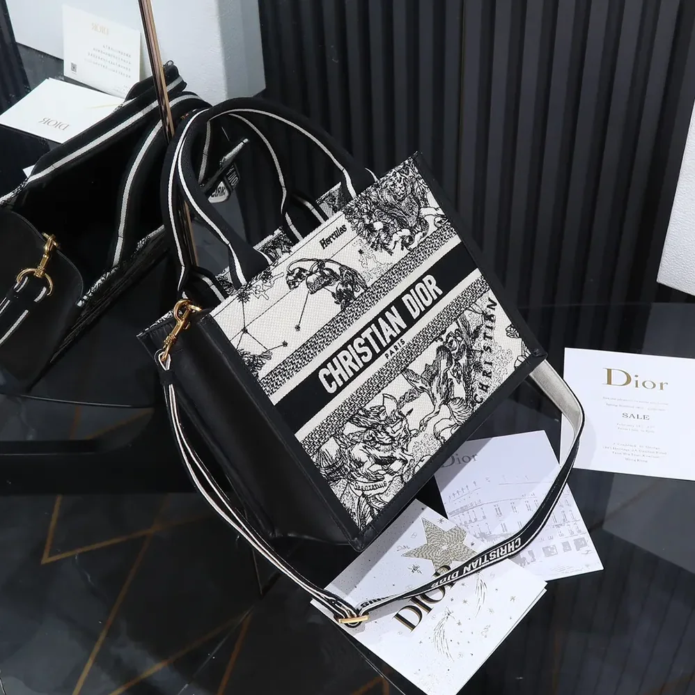 Dior Small Dior Book Tote Latte and Black Dior Zodiac Embroidery with Black Calfskin for Women Dior Small Dior Book Tote Latte and Black Dior Zodiac Embroidery with Black Calfskin for Women