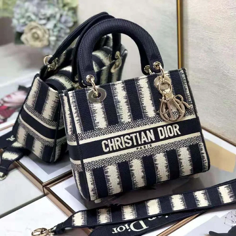 Dior Medium Lady D-lite Bag Blue D for Women in Stripes Embroidery