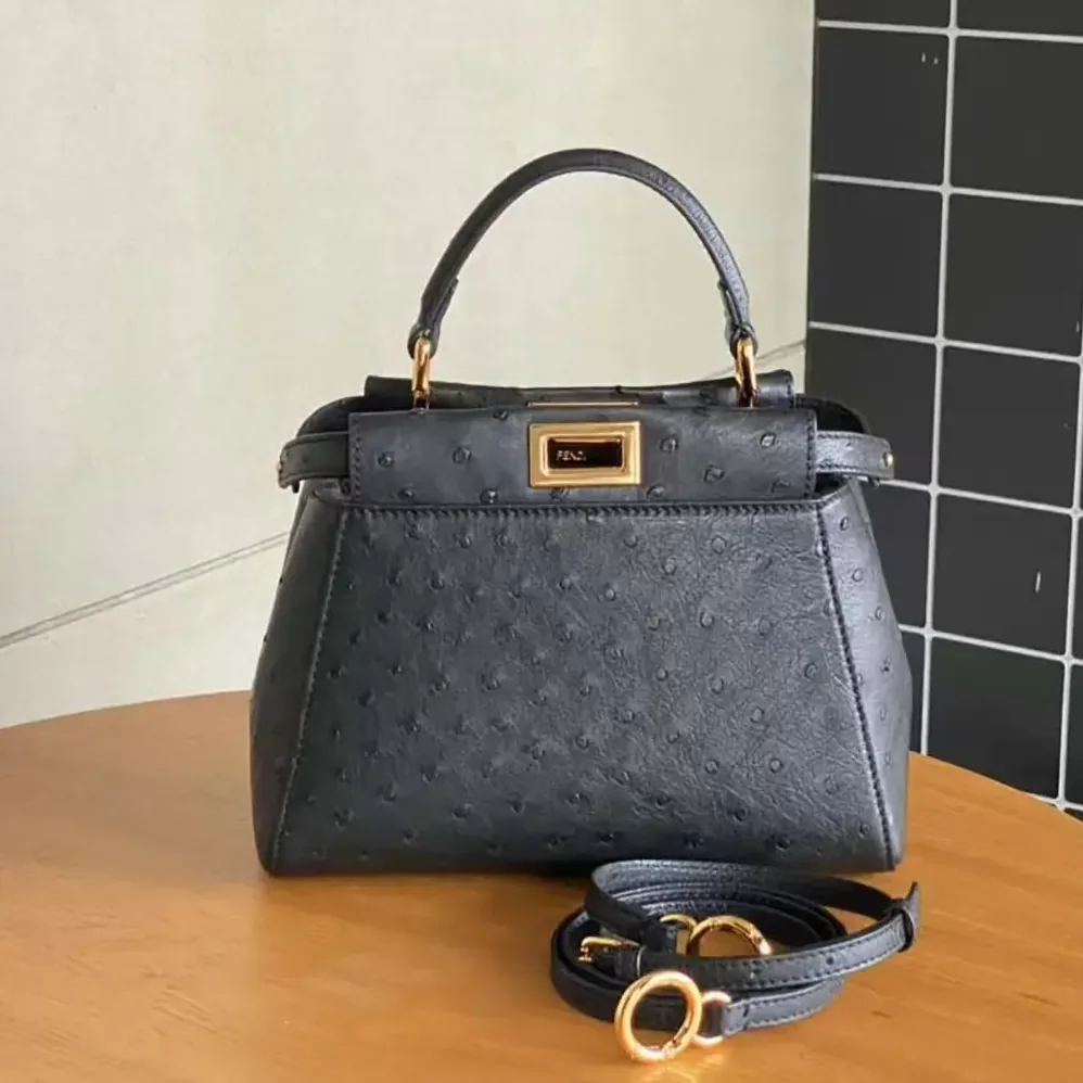 Fendi Peekaboo Iconic Mini Black Ostrich Leather Bag for Women