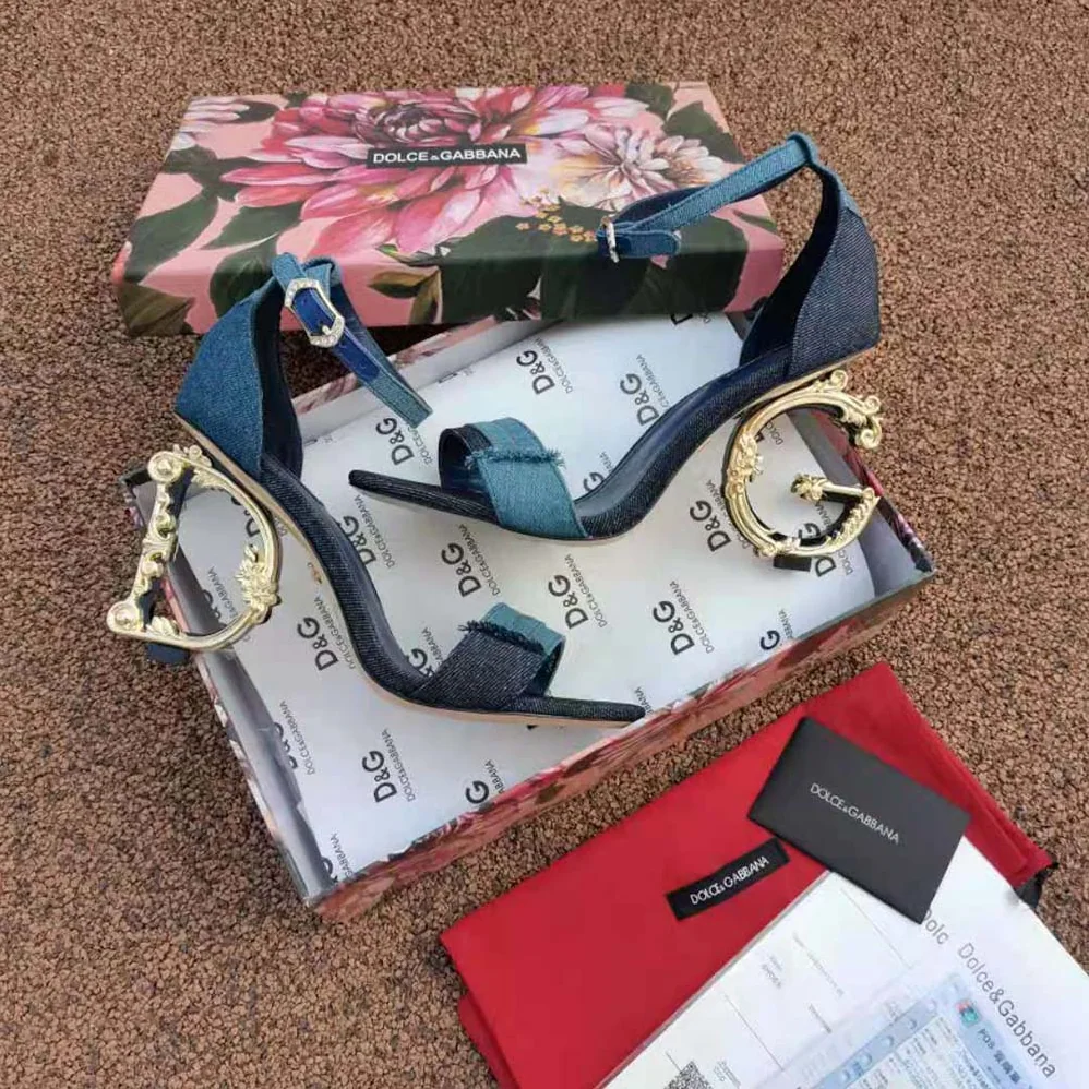 Dolce Gabbana D&G Patchwork Denim Sandals with Baroque DG Heel for Women Dolce Gabbana D&G Patchwork Denim Sandals with Baroque DG Heel for Women