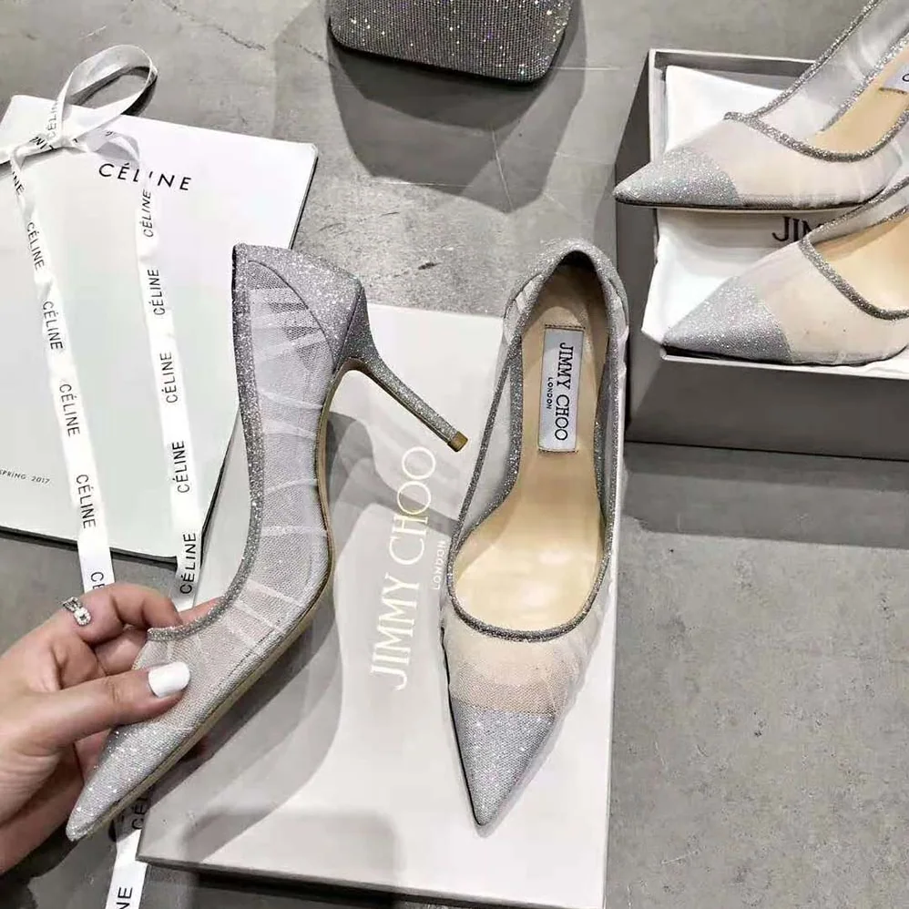 Jimmy Choo Love 100 Metallic Silver Glitter Fabric Pumps with Ivory Tulle Overlay for Women Jimmy Choo Love 100 Metallic Silver Glitter Fabric Pumps with Ivory Tulle Overlay for Women