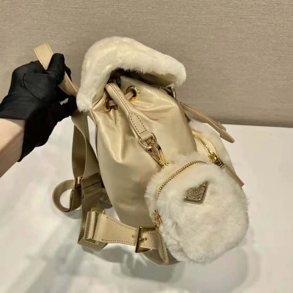 Prada Re-Nylon and Shearling Backpack for Women in Beige